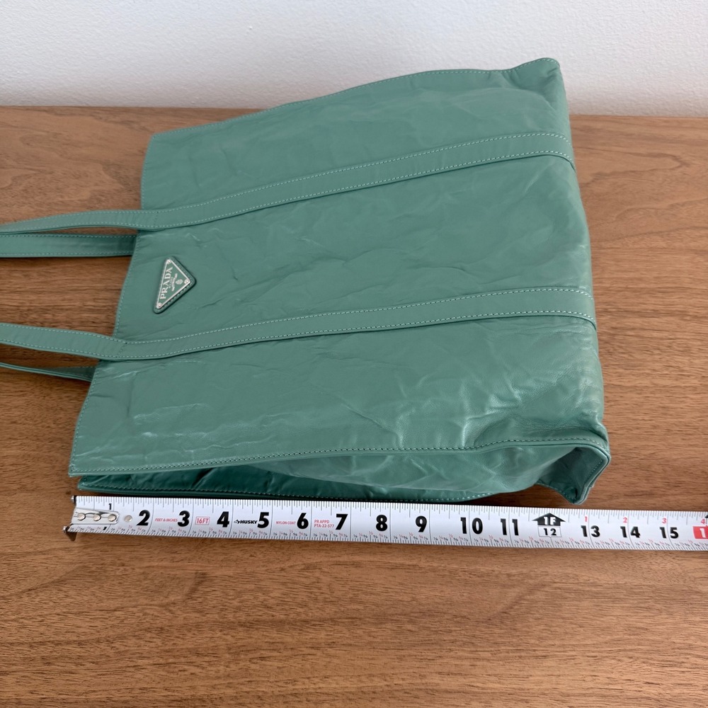 Prada 1BC459 Crinkled Leather Tote Bag Teal Green Shopper Triangle Logo - Picture 14 of 16
